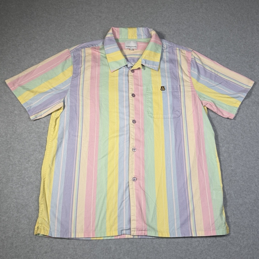 Teddy Fresh Loop Collar Mens L Multicolor Stripe Camp Streetwear Button Up Shirt